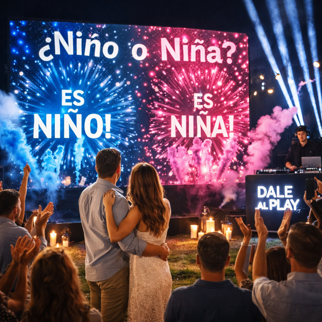 Fiesta de revelación de sexo con pantalla LED personalizada y DJ profesional organizada por Dale al Play