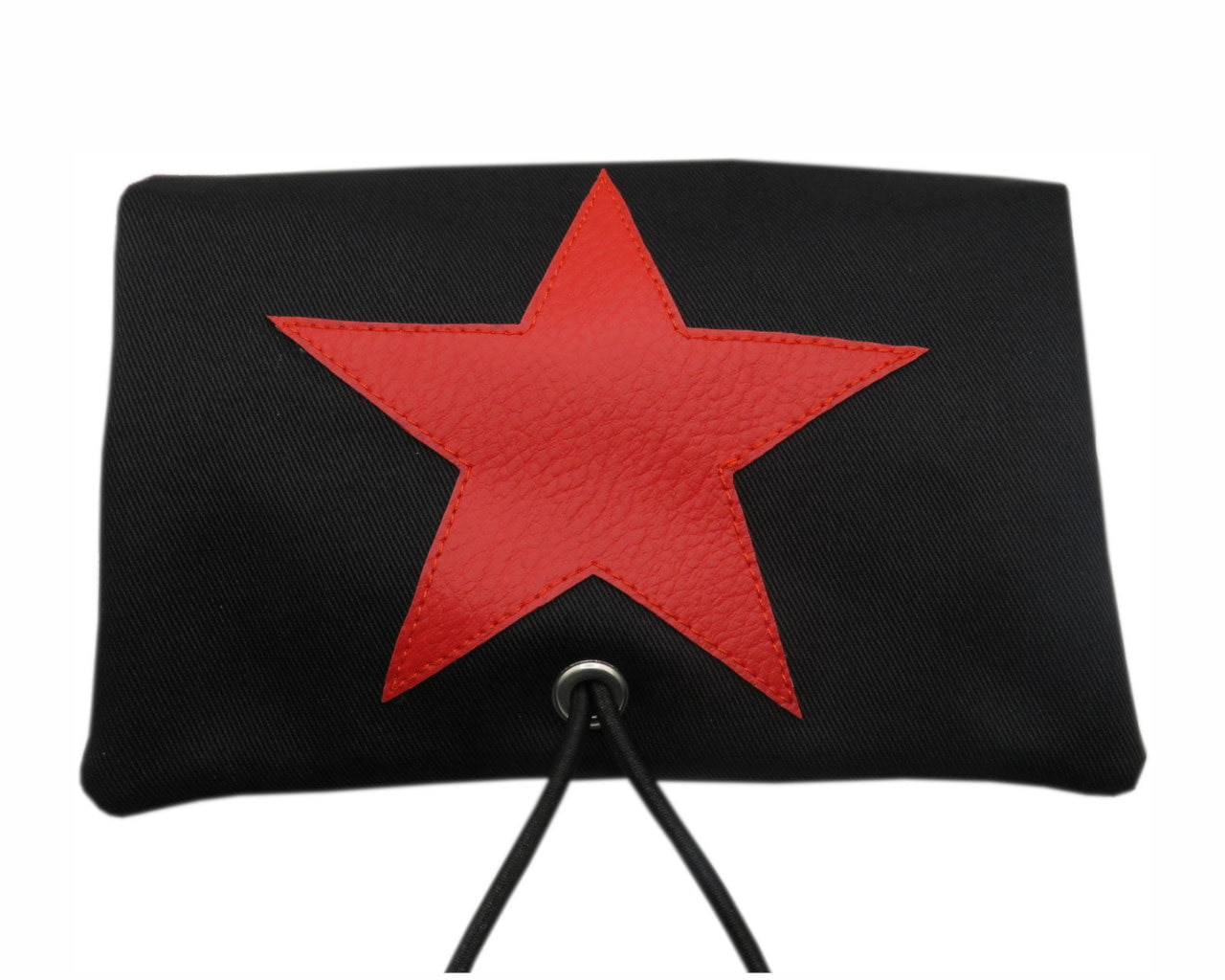 Schwarze Tabaktasche mit rotem Kunstleder-Stern und Gummiband