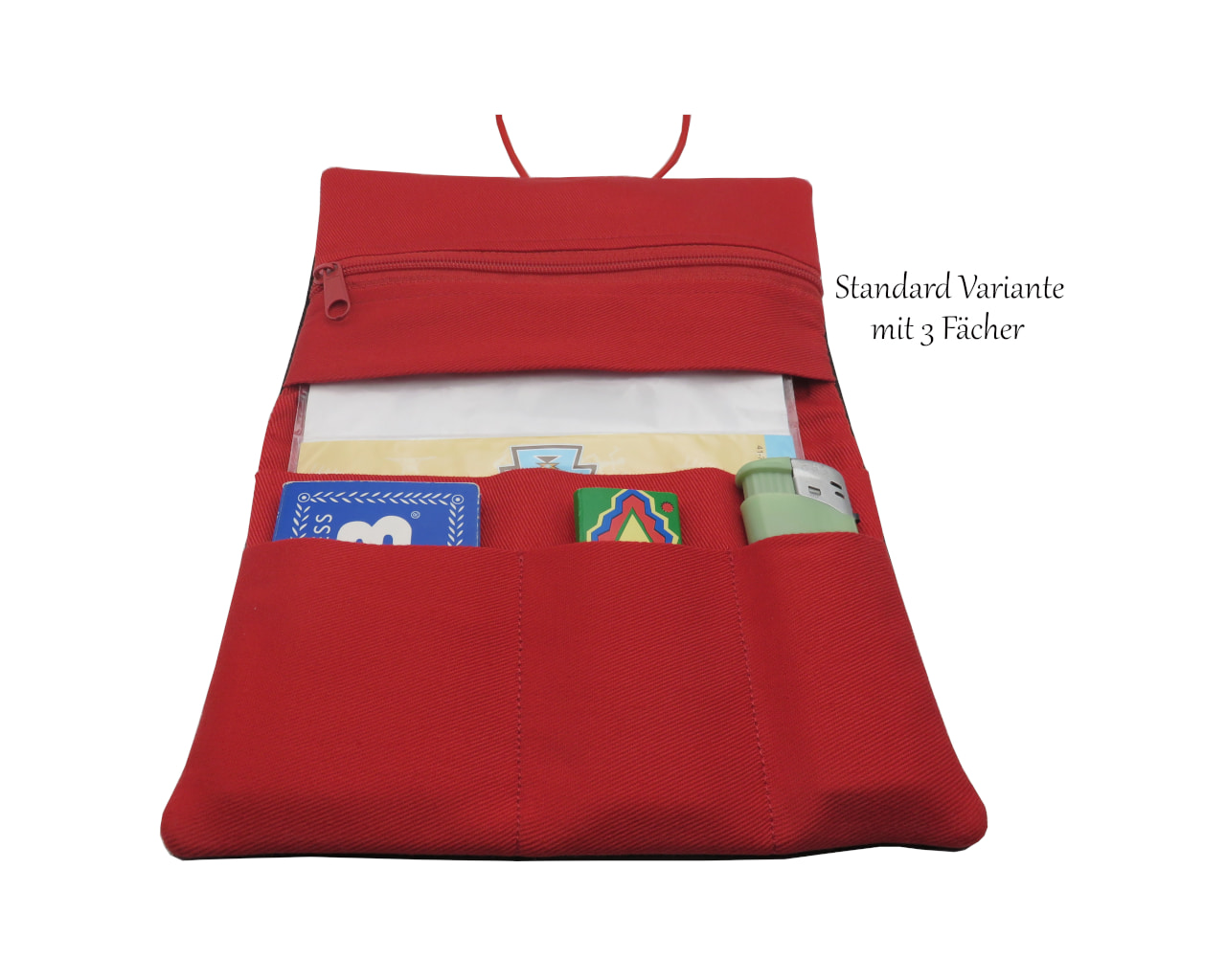 Geöffneter roter Tabakbeutel aus Stoff mit faecher für Tabakzubehör