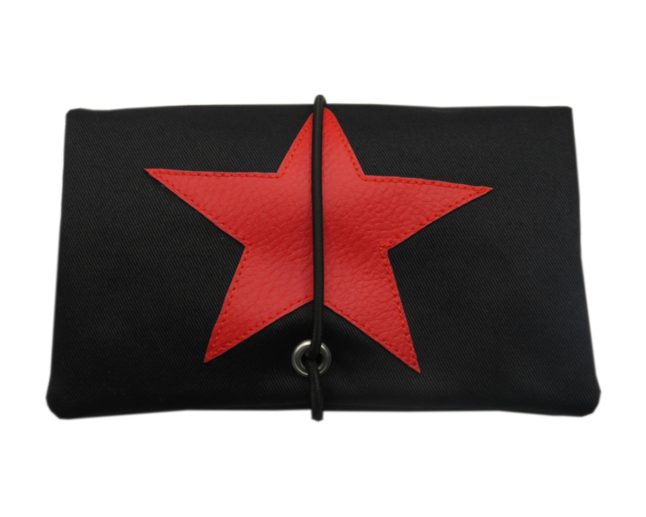 Schwarze Tabaktasche mit rotem Kunstleder-Stern und Gummiband
