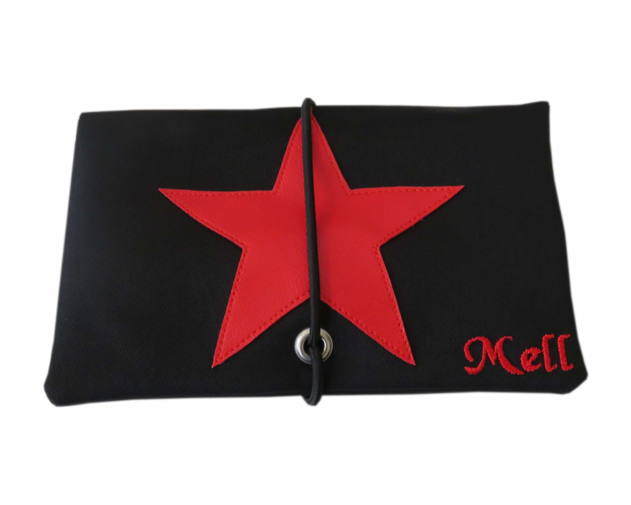 Schwarze Tabaktasche mit rotem Kunstleder-Stern und Gummiband