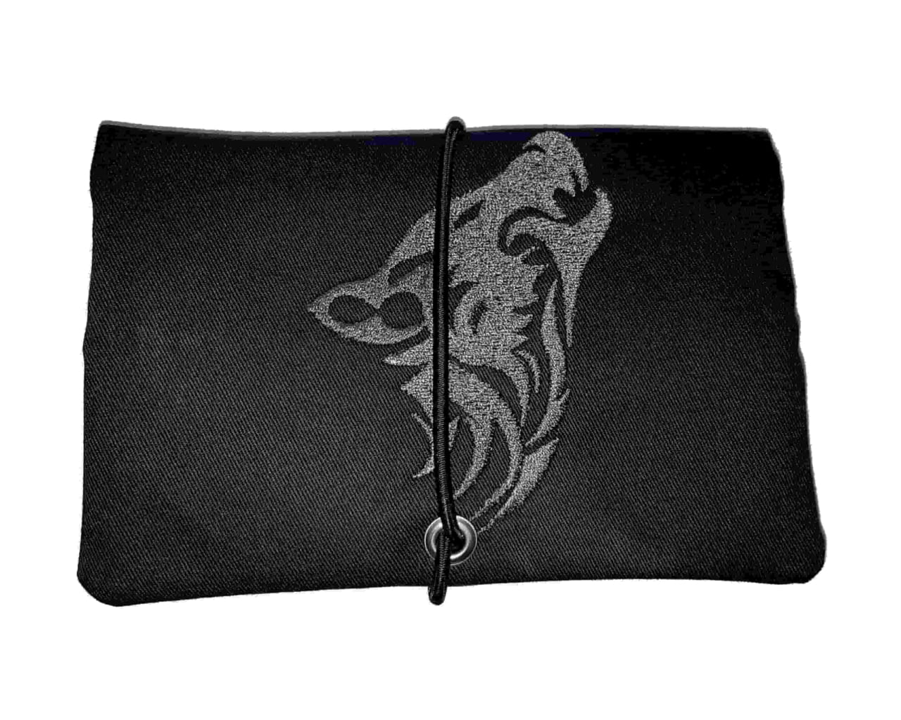 Handmade Tabaktasche und Drehertasche aus schwarzem Stoff mit aufwendig gesticktem Wolf aus hochwertigem Stickgarn und Oese als kompakter Tabakbeutel