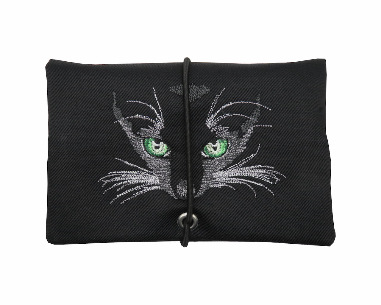 Handmade Tabaktasche und Drehertasche aus schwarzem Stoff mit aufwendig gestickter Katze aus hochwertigem Stickgarn und Oese als kompakter Tabakbeutel