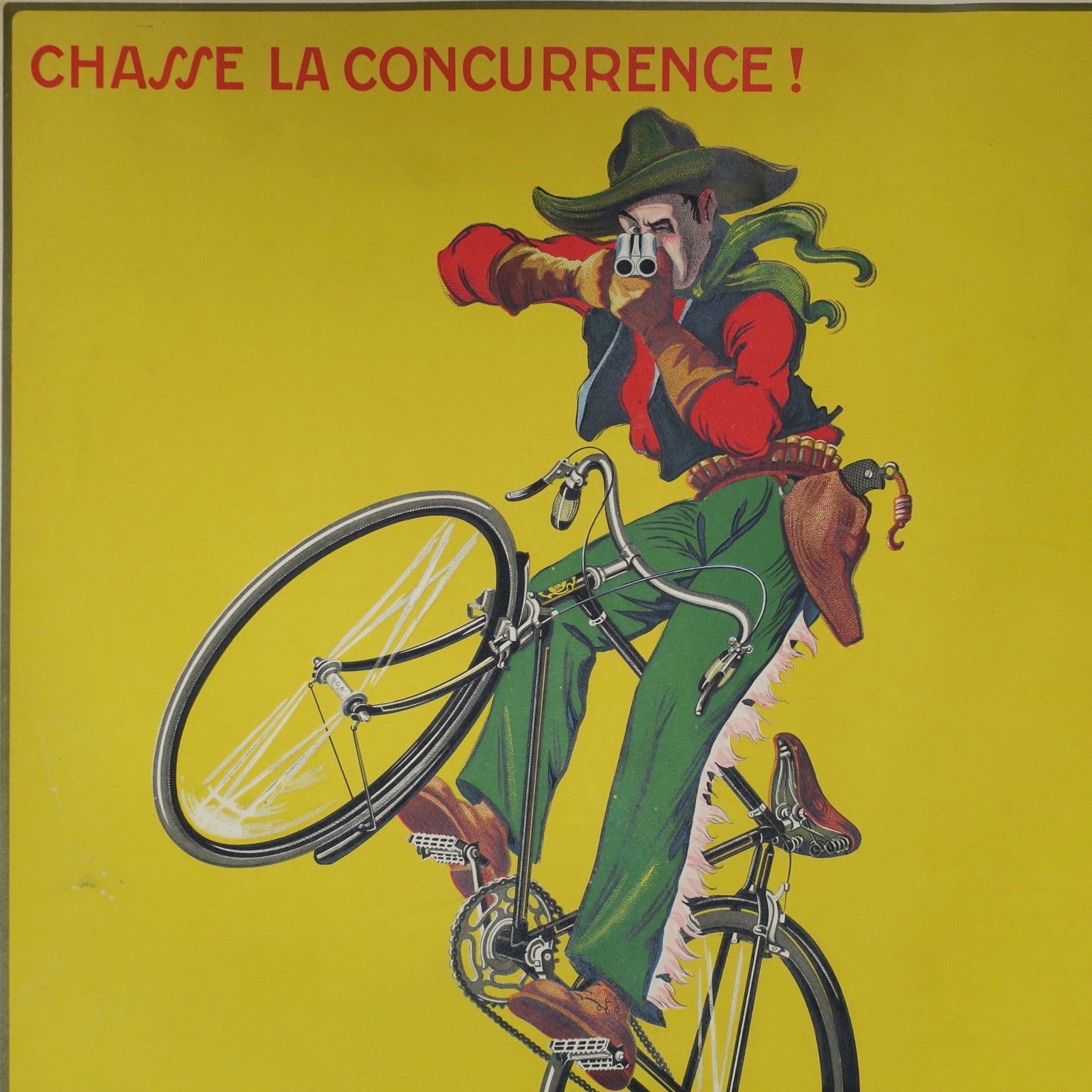 fahrradreklame fahrräder jagdbedarf jagdwaffen cowboy lithographie typographie grafikdesign gelb männergeschenk kaufmuseum
