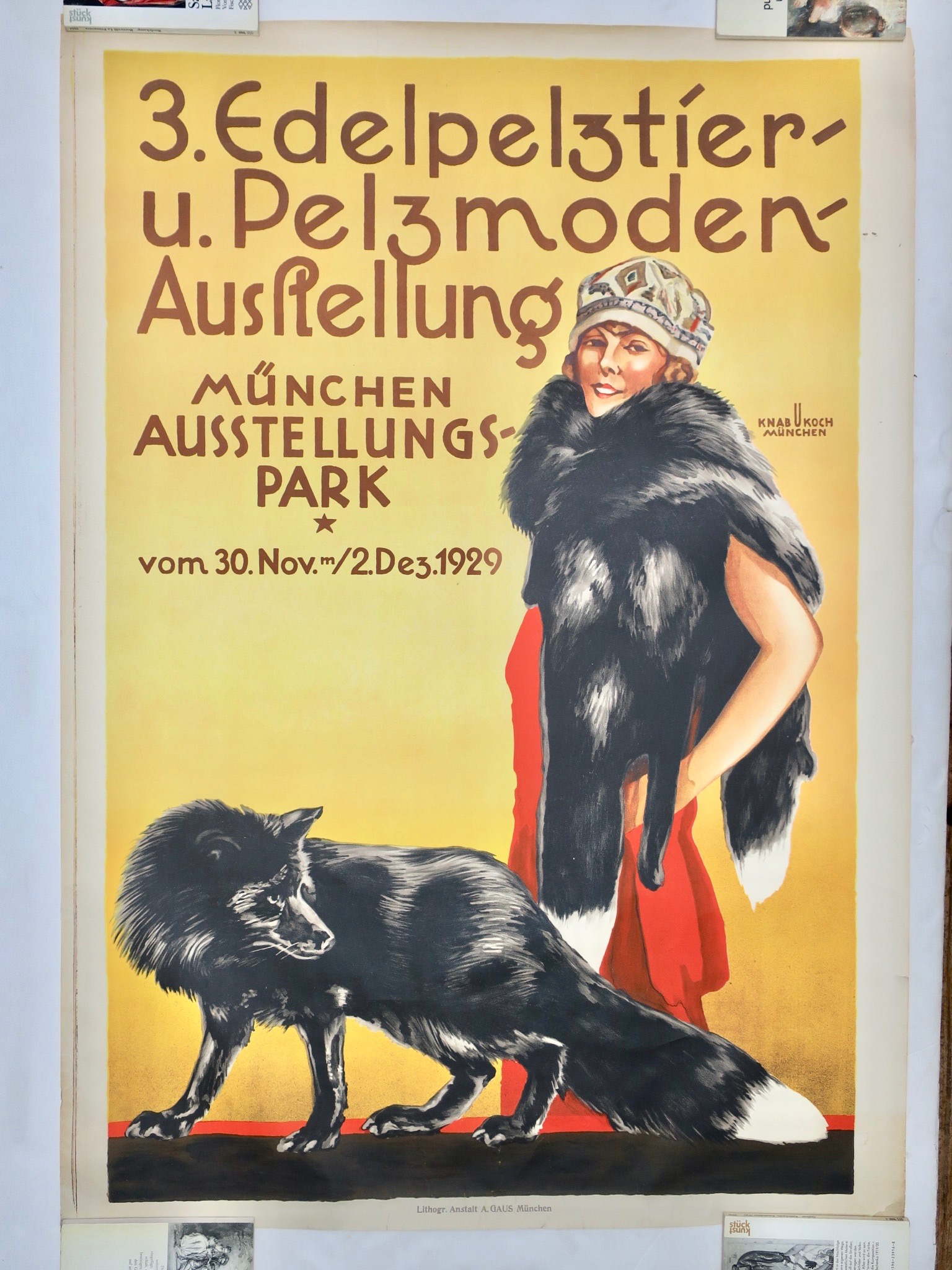 lithographie lithography antikplakat antike werbung fuchs hund fox dog typographie golden twenties zwanzigerjahre art déco kaufmuseum münchen bogenhausen