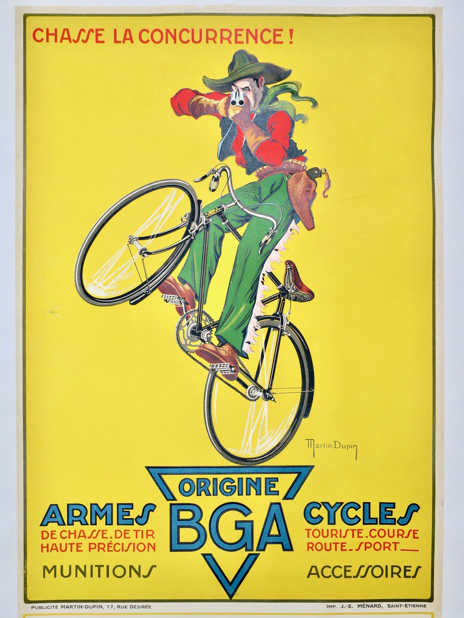 fahrradreklame fahrräder jagdbedarf jagdwaffen cowboy lithographie typographie grafikdesign gelb männergeschenk kaufmuseum