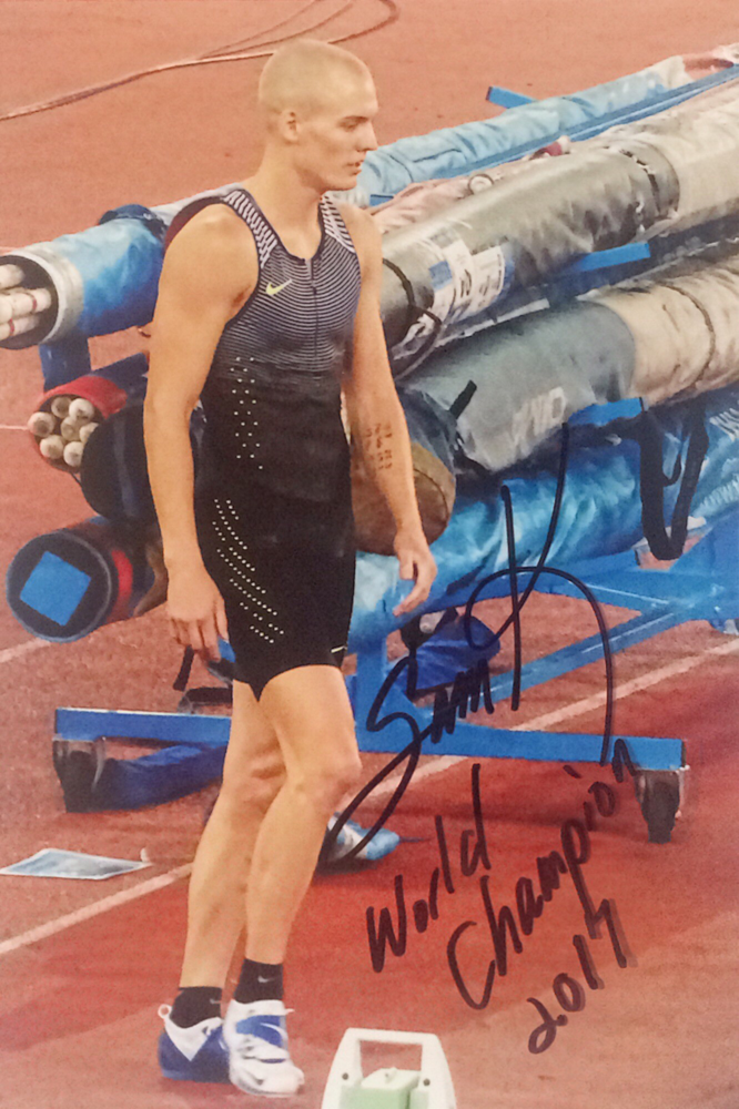 Sam Kendricks, USA, Pole Vault, World Champion 2019 and 2017, 2 nd + 3rd Olympia, Picture at Diamond League Meeting in Zürich 2016, Autograph by Mail 