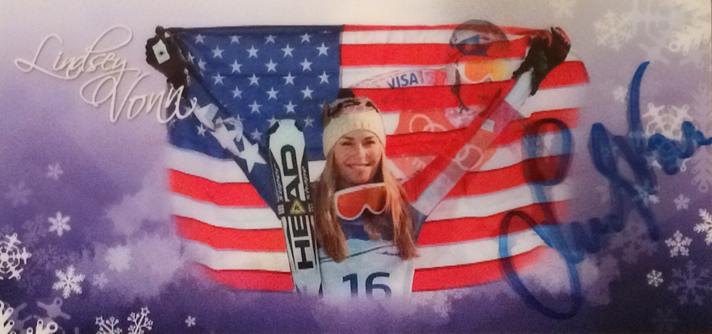 Lindsey Vonn, USA, 84 Races won, twice World Champion plus 3 silver and 3 bronze Medals, Olympia Gold 2010, 4 times overall worldcup, Autograph bought