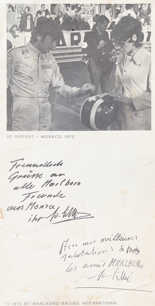 Jo Siffert (1936-1971), Switzerland, 5th F1 Championship 1971, won Brands Hatch 1968 + Zeltweg 1971, was Swiss Motorcycle Champion 350cc 1959, died in a crash 1971 in Brands Hatch, Autograph bought wit CoA
