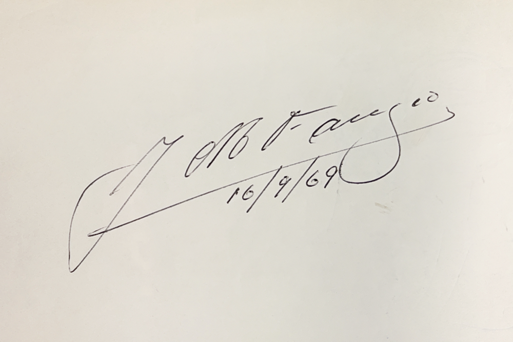 Juan Manuel Fangio (1911-1995), Argentina, started 51 times and won 24 Races, 5 times World Champion (1951,1954,1955,1956,1957), Mercedes Silberpfeil 1954/55, Auotgraph bought with CoA