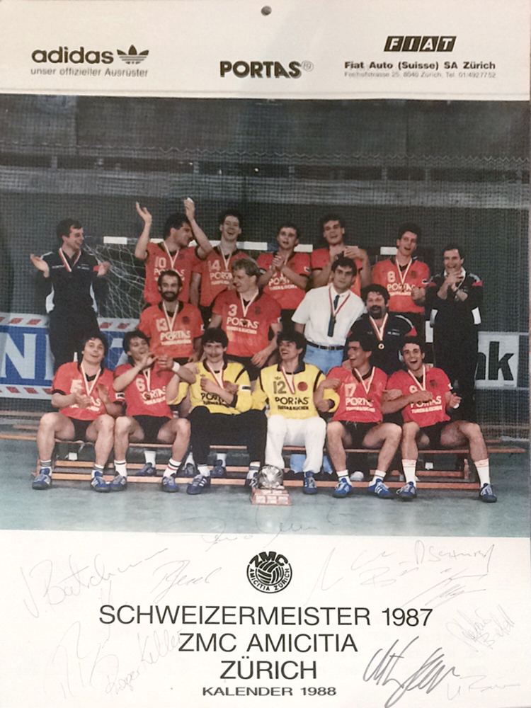 ZMC Amicitia Swiss Handball Champion 1987 with all the Autographs from the Team including Marc Bär, Roger Keller, Stefano Balmelli and Jürgen Bätschmann (all member of the Swiss National Team at that time), Autographs received in Person 