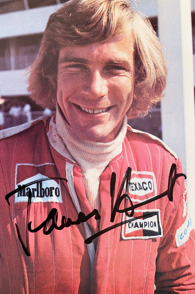 James Hunt (1947-1993), World Champion 1976, 92 starts and 10 wins, 179 points, Autograph bought