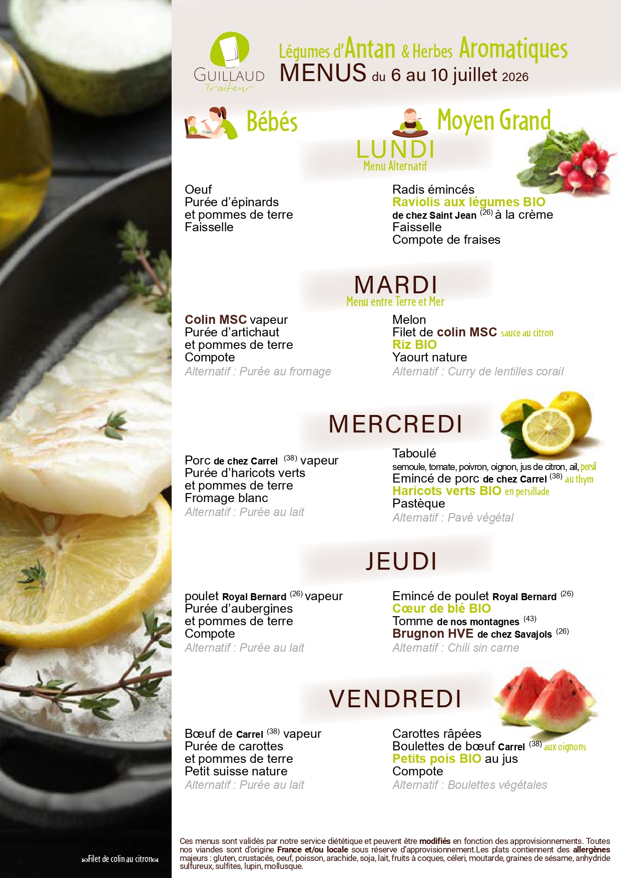 menu semaine 6 juillet au 10 juillet