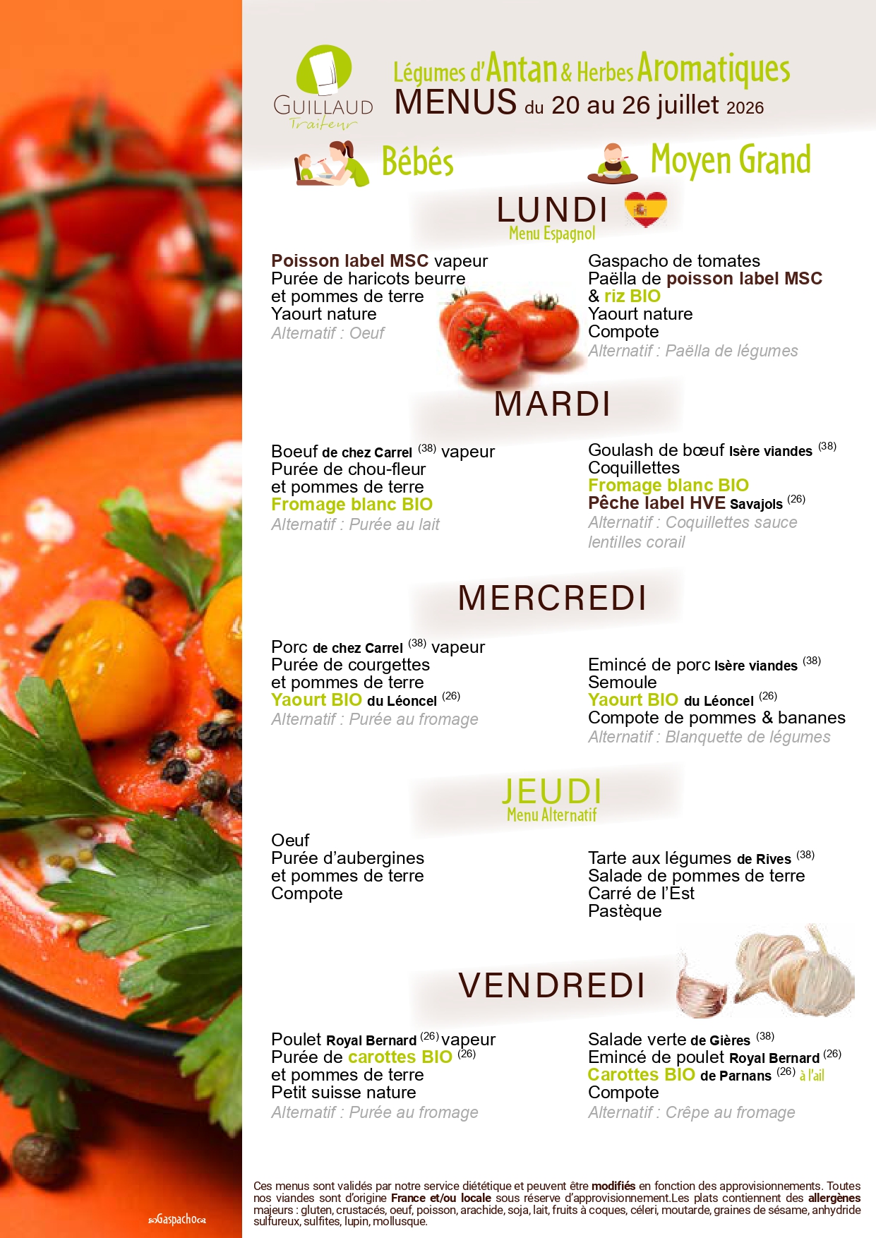 menu semaine 20 juillet au 26 juillet