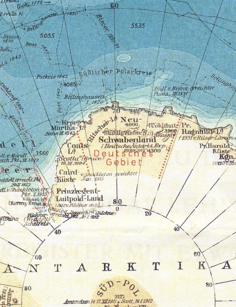 Antartika Deutsches Gebiet Neu-Schwabenland Südpol Karte in Der Grosse Weltatlas Bibliographisches Institut Leipzig 1940 6. Auflage Seite 24. Anspruch des Deutschen Reiches nach der Deutschen Antarktis Expedition 1938/1939 vom 17.12.1938 bis 11.04.1939.