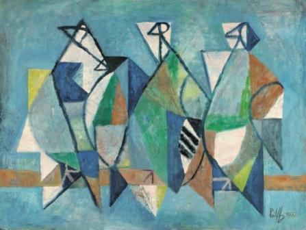 PETER PÁLFFY, Komposition (Drei Vögel), Öl / Platte, 60x80cm, 1972