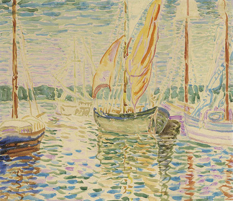 Helene Funke; Segelboote im Hafen; Mischtechnik auf Papier; 29 x 33 cm;