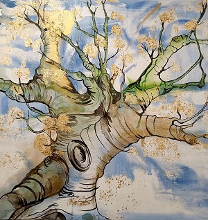 Himmelsbaum, aus der Serie Jahreskraftbäume, Tusche, Blattgold, Lack / Leinwand, 80 x 80 cm