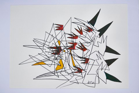 Anita Münz, Die Schwarzkappen, Zeichnung, Buntstift / Papier, 30 x 40 cm, Foto: Luzia Ellert