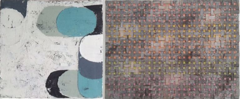 JUPP LINSSEN, DragAndDrop,72412, Öl auf Leinwand, 2019, 68x66cm   |   LEENA NAUMANEN,o.T.,19011,Dachschindel-Öl-Sperrholz, 2019, 90x112cm