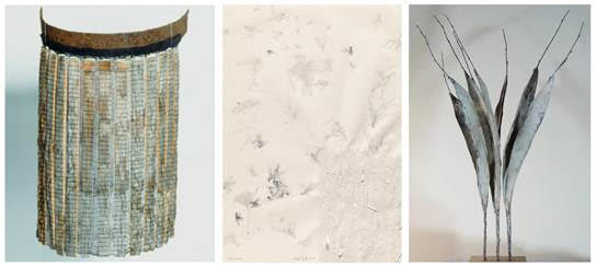 LEENA NAUMANEN, Gesichtsschirm, Dachschindel-Leinen-Gewebe, 40x25x20cm, 1994 I TONE FINK, Luftwesen-mono°tone, paper-teared-pencil, 64x48cm, 2018 I JOSEF BUECHELER, PW-4-17, Papier-Holz-Leim, 62x14x47cm, 2017