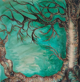 An den Ufern des Flusses, aus der Serie Jahreskraftbäume, Mischtechnik / Leinwand, 100 x 100 cm