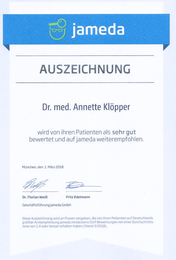 Wir freuen uns sehr, dass Frau Dr.med. Annette Klöpper beim renommierten Arztbewertungsportal „Jameda“ an erster Stelle steht; von 526 niedergelassenen Frauenärzten in Hamburg.