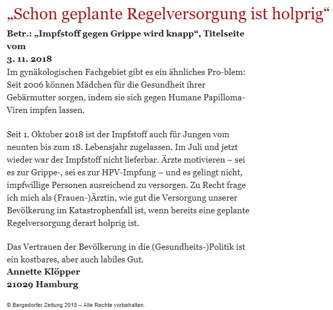 Bergedorfer Zeitung Leserbrief 12.11.2018