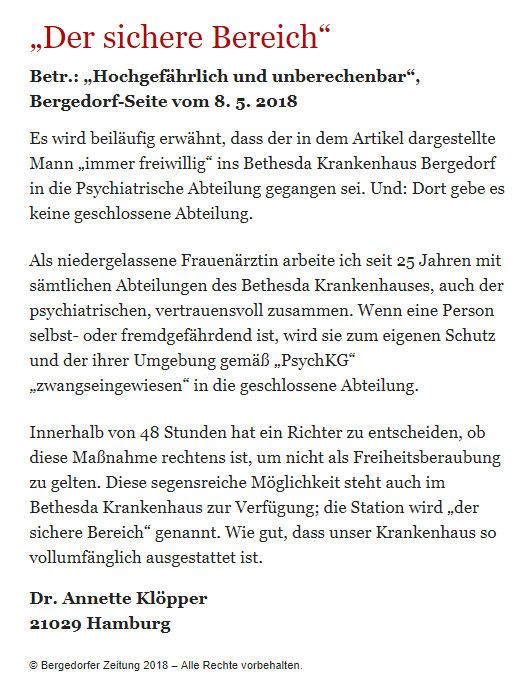 Bergedorfer Zeitung Leserbrief 25.05.2018