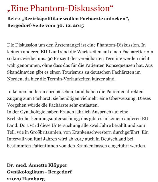 Bergedorfer Zeitung Leserbrief 28.01.2016