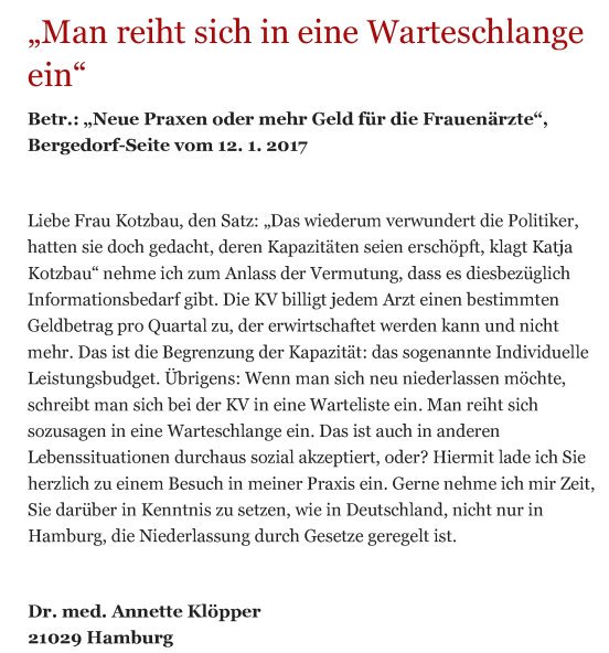 Bergedorfer Zeitung Leserbrief 25.01.2017