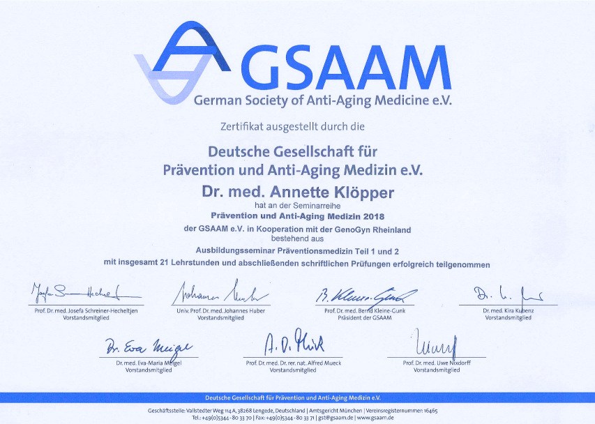 Herzlichen Glückwunsch zum Zertifikat „Präventionsmedizin“der GSAAM !