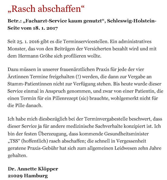 Bergedorfer Zeitung Leserbrief 31.01.2017