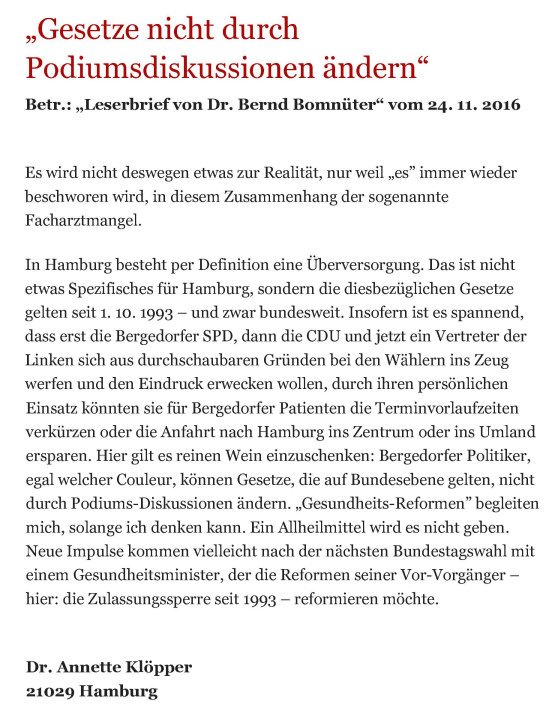 Bergedorfer Zeitung Leserbrief 19.12.2016