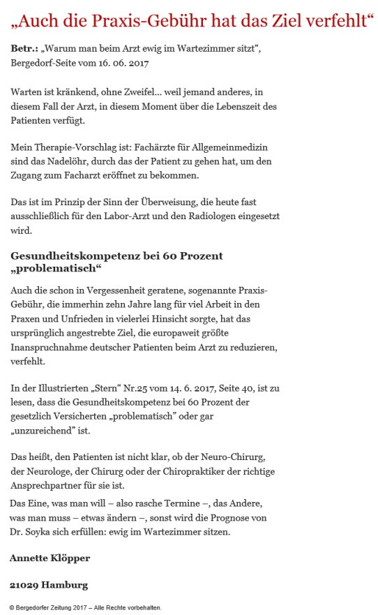 Bergedorfer Zeitung Leserbrief 21.06.2017