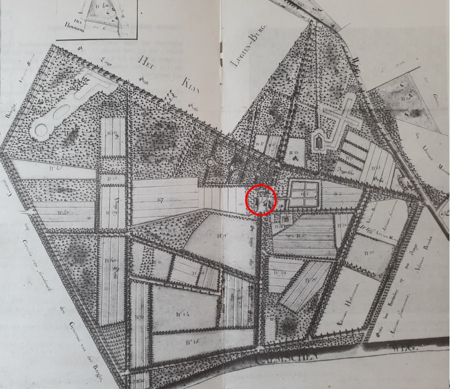 Plattegrond van het landgoed in 1802. Het landgoed verkeert nog grotendeels in de toenmalige opzet. Het landhuis is rood omcirkeld.