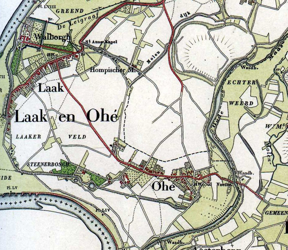 Topografische kaart van Ohé en Laak uit 1890. 