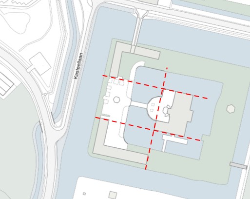 Weergave van de symmetrie van het kasteelcomplex als geheel en de relatie tussen de gevels van de volumes. 