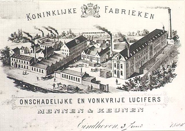 Brievenhoofd van de luciferfabriek Mennen & Keunen uit 1884: 3 fabrieken samengevoegd. 