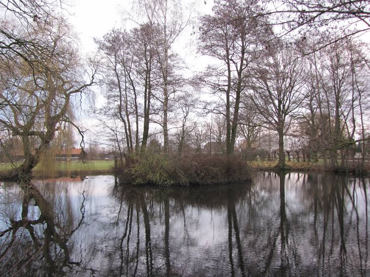 De huidige vijver met eiland is een relict van de van oorsprong veel grotere vijverpartij. 