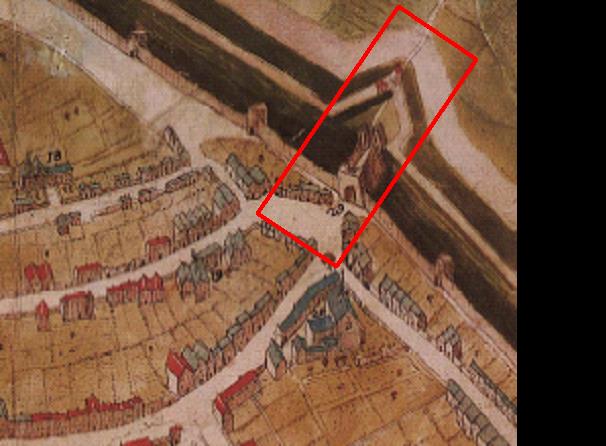 Stadsplattegrond Roermond van Herman Janssen (1671) met in rood globaal de contour van het Stationsplein. 