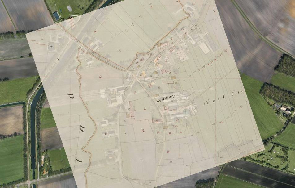 Projectie van de kadastrale minuutkaart van 1811-1832 op een luchtfoto