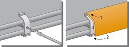 Rohre mit Clip an der Wand festdübeln, Eck- und Endstücke platzieren. Deckleiste einpassen und einrasten (zuerst in die obere Nut einschieben, dann unten festdrücken).