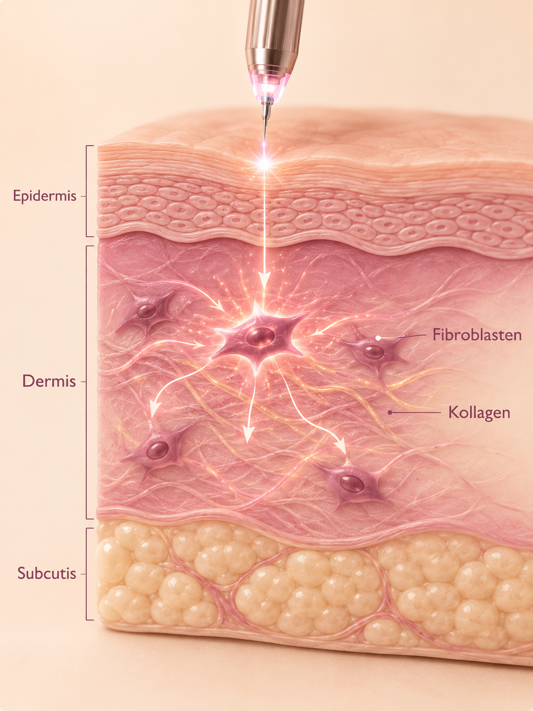 Schaubild Plasma Pen Wirkung auf Hautschichten mit Fibroblasten und Kollagenbildung