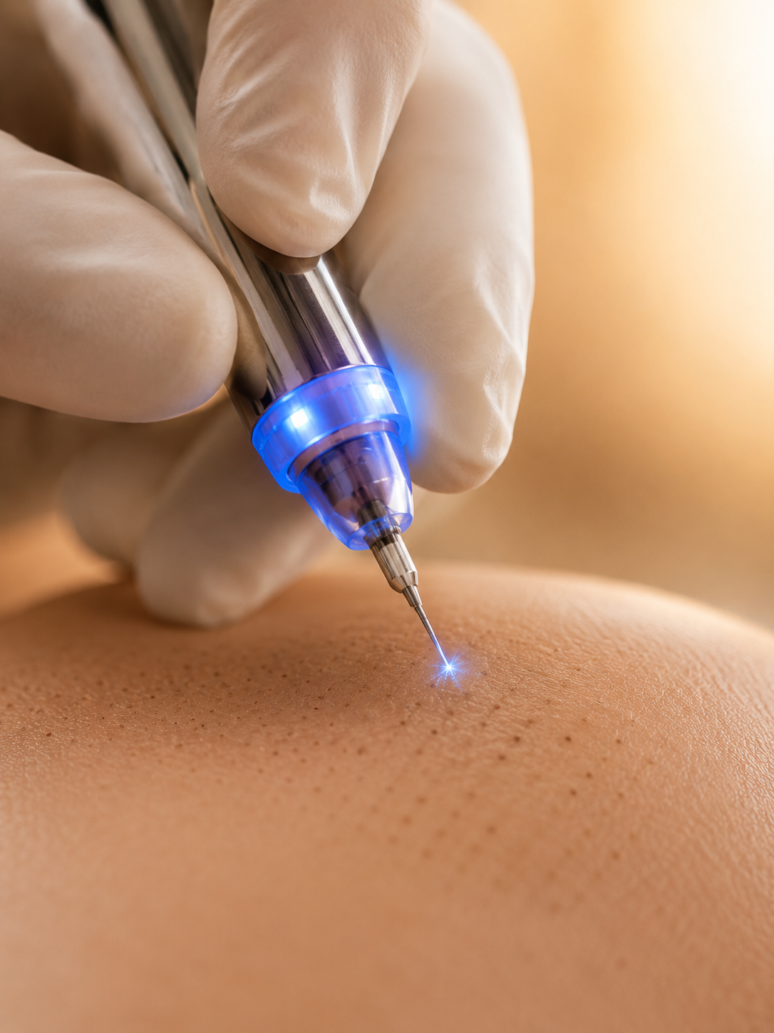 Plasma Pen Behandlung mit Plasmablitz und Punktraster auf der Haut