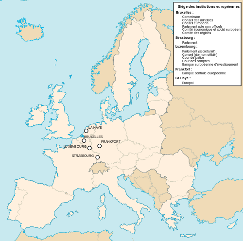 Sièges des institutions de l'Union Européenne-source: wikipedia