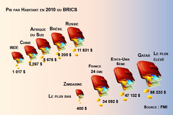 PIB/hab des Brics (2010)