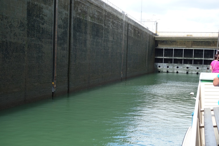 Das Innere einer Schleusenkammer mit hohen Betonwänden während des Absenkvorgangs des Schiffes