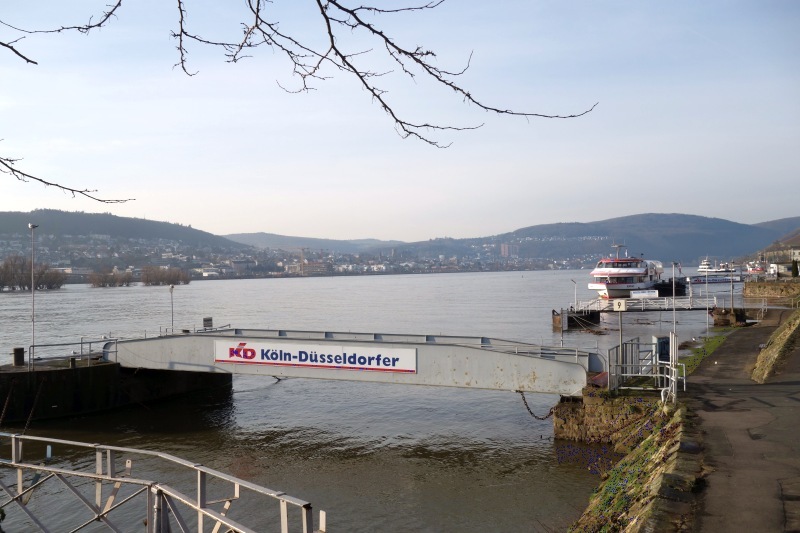 Blick auf das winterliche Rheinufer mit einer Schiffsanlegestelle