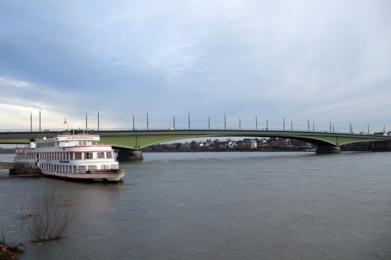 Ein weißes Fahrgastschiff auf dem Rhein vor einer großen Bonner Brücke